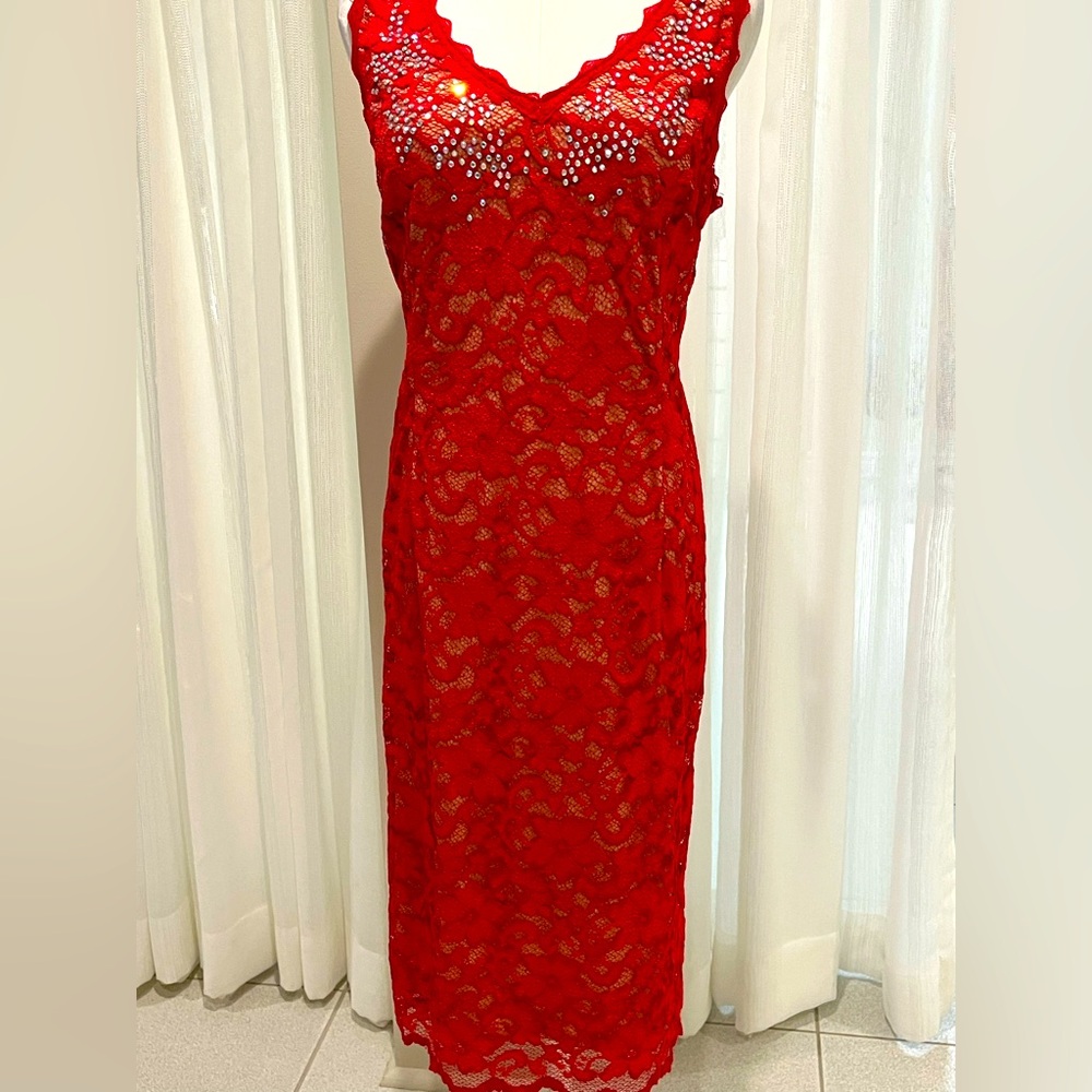 Frank Lyman Design Red Lace Sheath Dress with Embellished Neckline